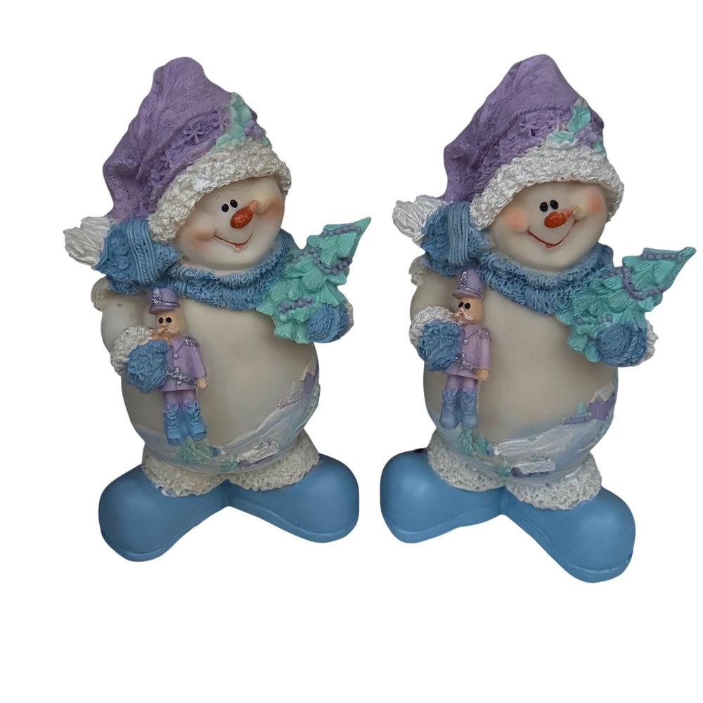 Set of 2 Pastel Snowman Figurines with Nutcracker and Tree Lavender Blue 7.5"